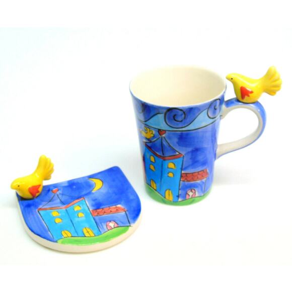 Herman Dodge & Son Coffee Mug Saucer Set Yellow Bird Tea Cup Coaster Plate Blue - Picture 7 of 8